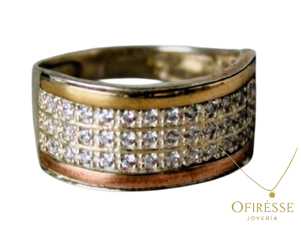 Anillo Tricolor con Incrustaciones de Zirconias en Plata 925 y Oro | Ofirésse
